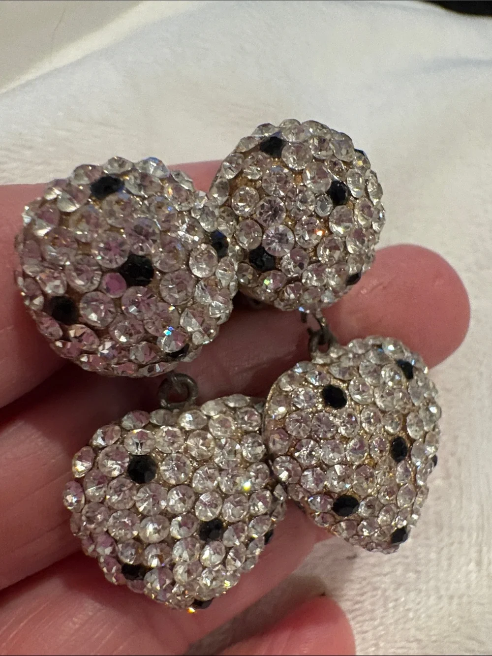 Vintage Black & Clear Drop heart Crystal Earrings New Clip